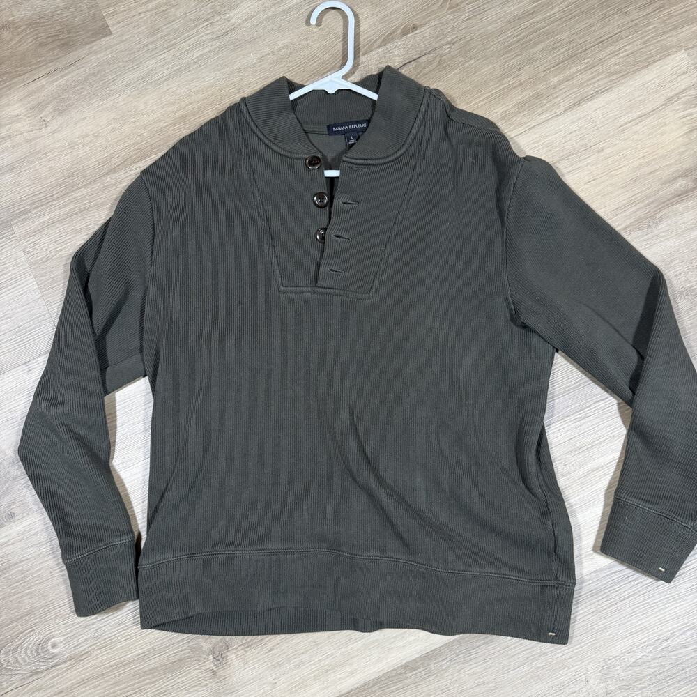 Banana Republic Shawl Collar Henley Pullover Sweater Mens L Olive Green Cotton